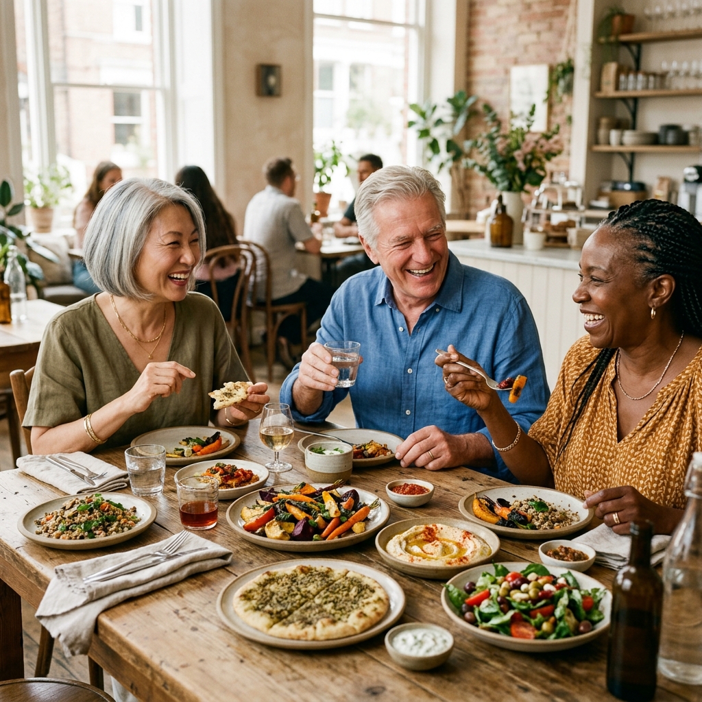 A vibrant table with Mediterranean and East-African food shared by diverse elders