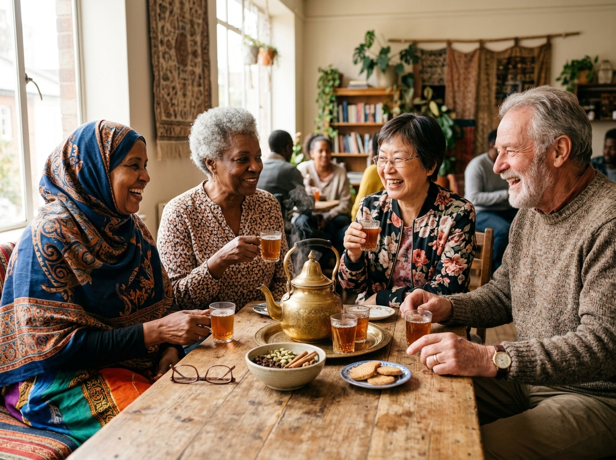 An Ethiopian spiced tea ceremony (Shai) with pouring tea, spices, and smiling elders
